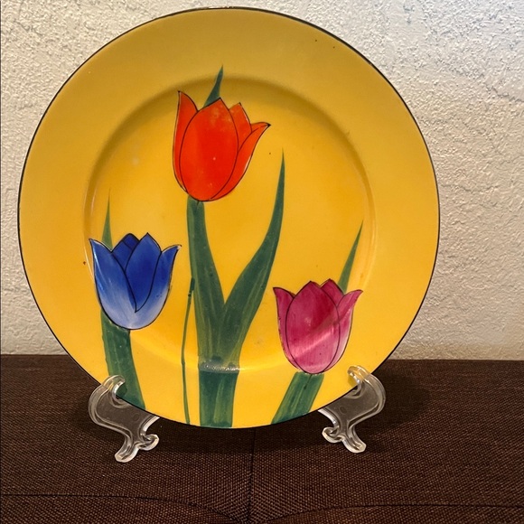 Vintage Handprinted Other - # 0863+ Hand Printed Made In Japan Vibrant Floral Yellow Plate